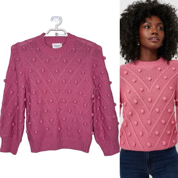 HYACINTH HOUSE Punch Pink Pom Pom Lainey Sweater Chunky Knit Bauble TuckerNuck M - Picture 1 of 11